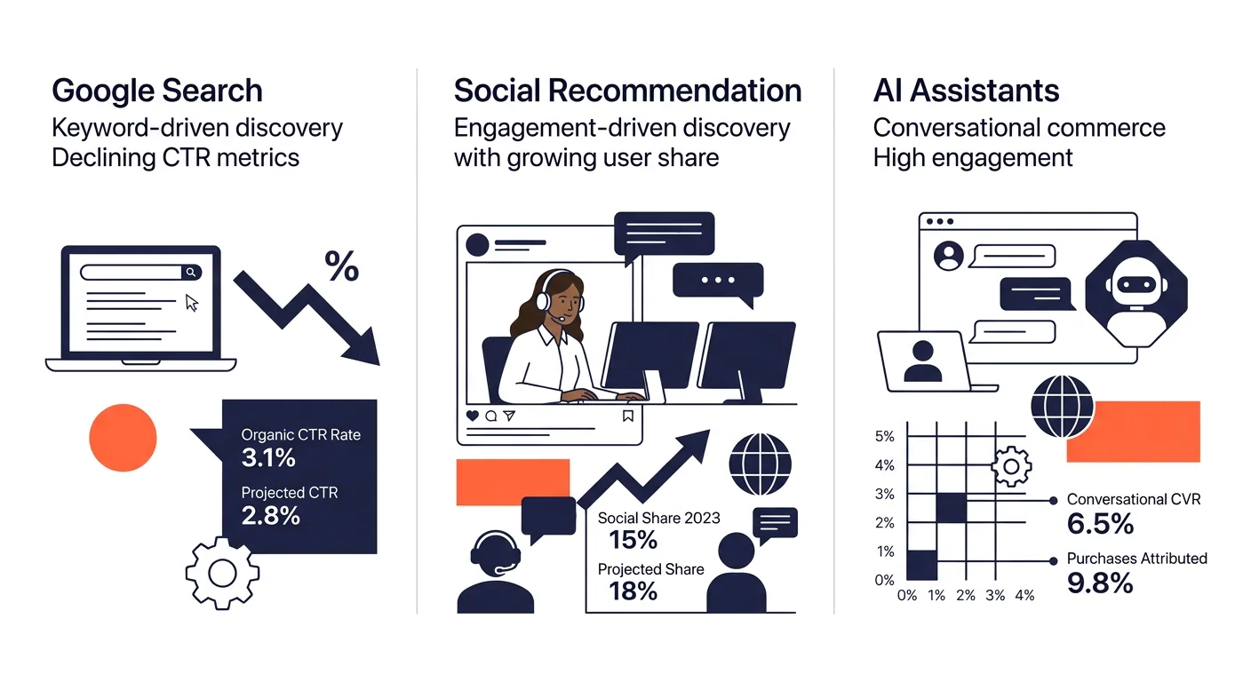 infographic comparing three retail discovery channels in a three-column layout — Google Search showing keyword-driven discovery with declining CTR metrics, Social Recommendation showing engagement-dri