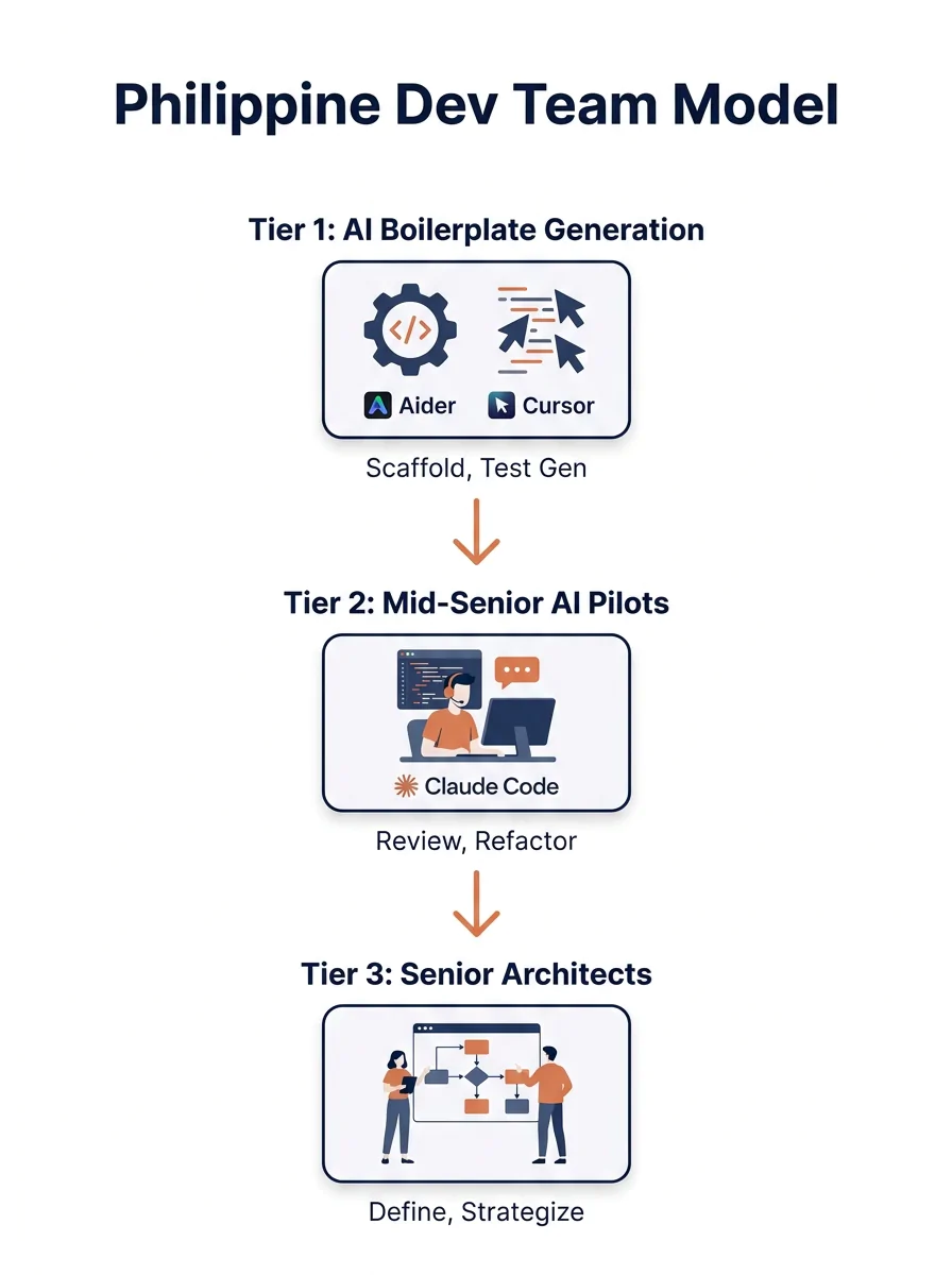 Infographic showing the three-tier Philippine dev team model with Tier 1 showing AI boilerplate generation with Aider and Cursor logos, Tier 2 showing mid-senior engineers as AI pilots with Claude Cod
