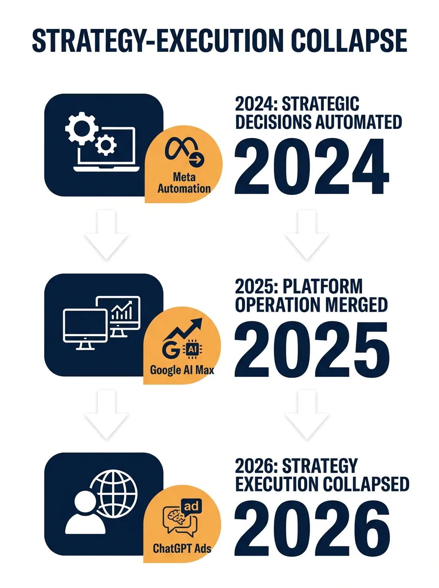 infographic showing the collapse of the strategy-execution divide, with a timeline from 2024 to 2026 showing how Meta automation, Google AI Max, and ChatGPT ads progressively merged strategic decision