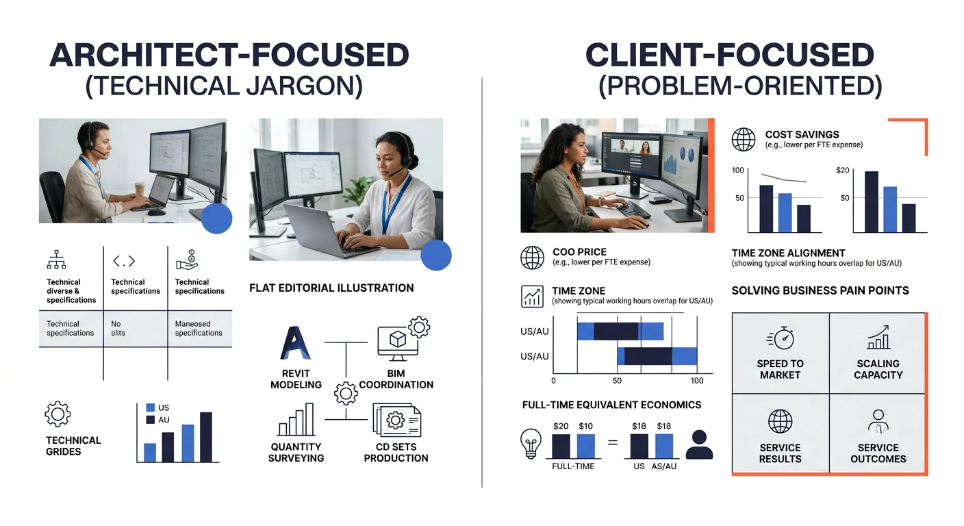 side-by-side comparison of an architect-focused service page using technical jargon versus a client-focused service page using problem-oriented language, highlighting the difference in tone and keywor