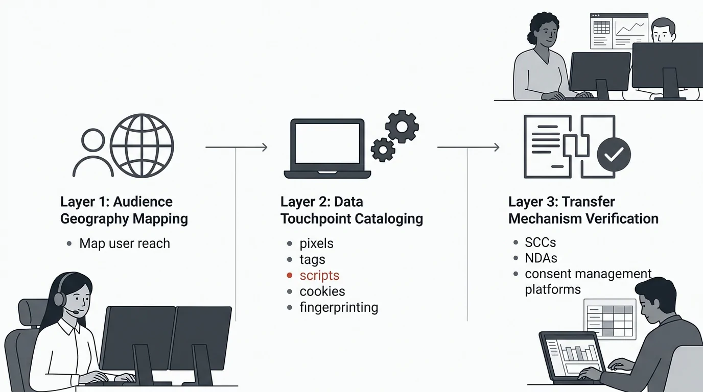 A flowchart showing the three-layer jurisdiction audit process for a Philippine outsourced team: Step 1 Audience Geography Mapping, Step 2 Data Touchpoint Cataloging (pixels, tags, scripts, cookies, f