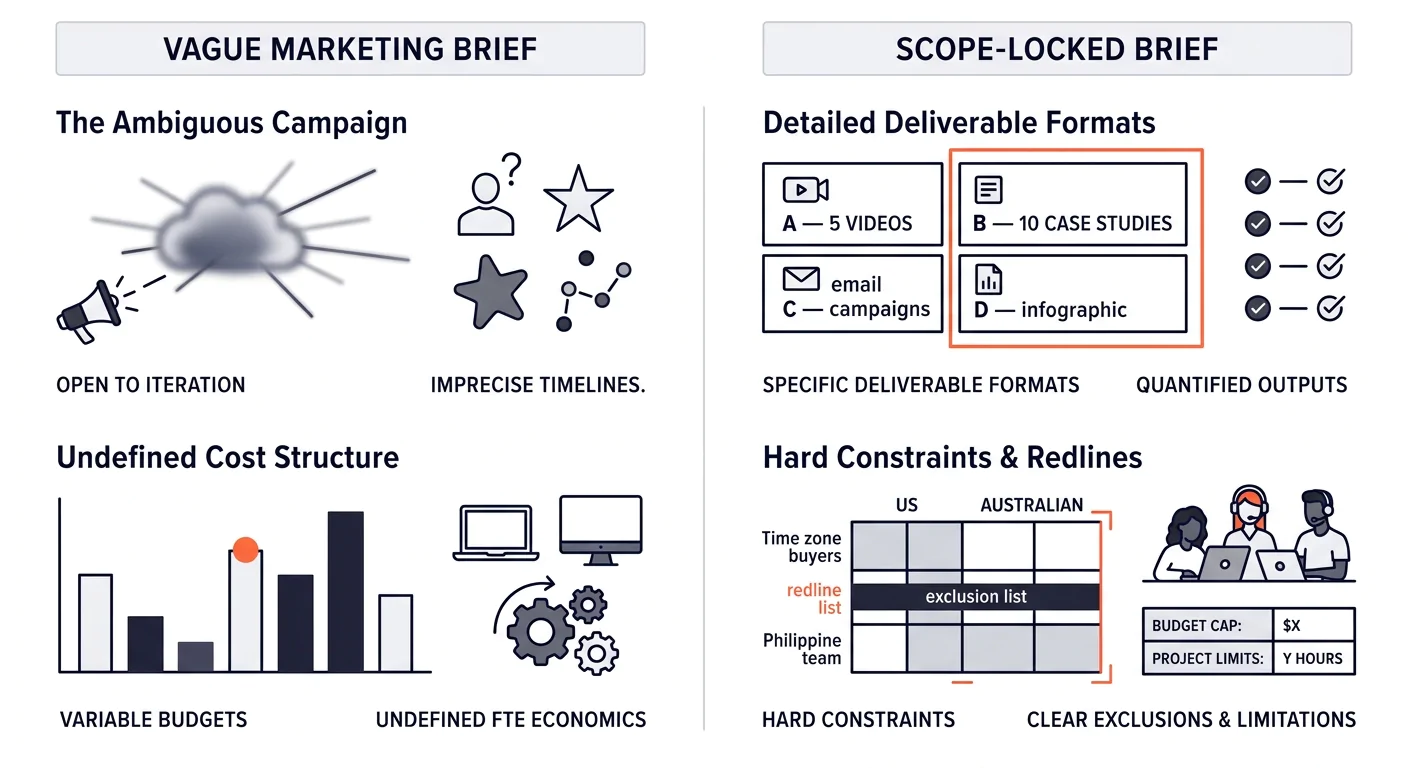 a side-by-side comparison of a vague marketing brief versus a scope-locked brief, showing specific deliverable formats, exclusion lists, and hard constraints on the detailed version
