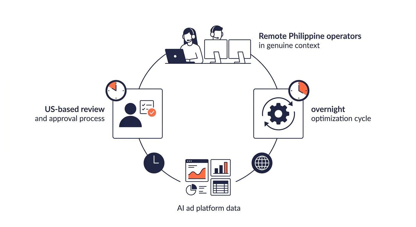 a circular workflow diagram showing how AI ad platform data flows from Philippine operators through overnight optimization cycles back to US-based review and approval, with clock icons showing the 24-