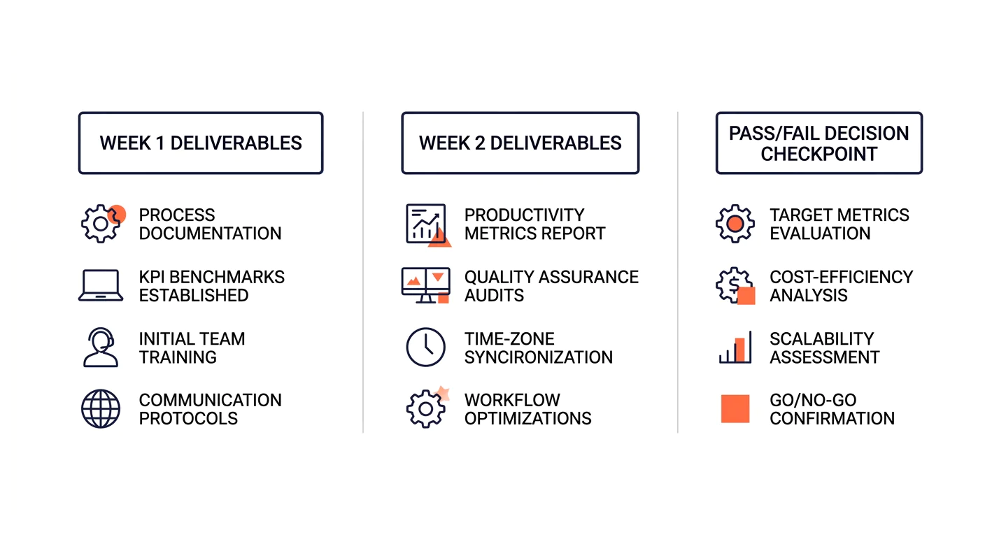 A timeline graphic showing the two-week pilot process with week 1 deliverables on the left, week 2 deliverables in the middle, and a pass/fail decision checkpoint on the right, with specific criteria