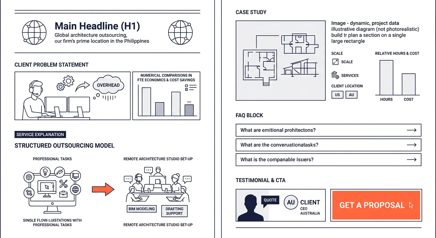 wireframe layout of a structured architecture firm service page showing the entity model with labeled sections for H1 with location, client problem statement, service explanation, case study with proj