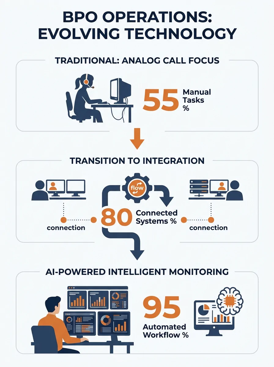 BPO operations floor showing traditional call center setup alongside AI monitoring dashboards, illustrating the industry's technology integration transition