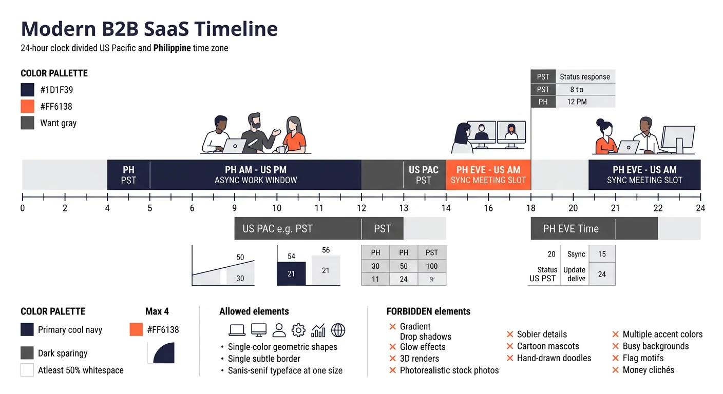 a timeline diagram showing a 24-hour clock divided into US Pacific and Philippine time zones, with labeled blocks for async response windows, sync meeting slots, and status update delivery times