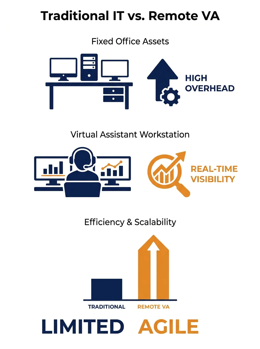 Split-screen comparison showing traditional IT office setup on left versus remote virtual assistant workstation with monitoring dashboards on right