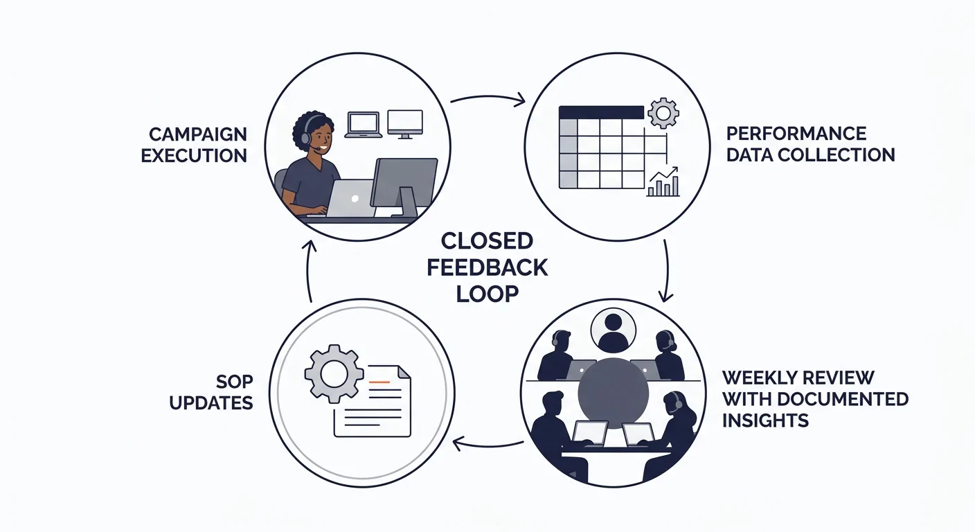 A circular feedback loop diagram showing four connected stages — campaign execution, performance data collection, weekly review with documented insights, and SOP updates — with arrows indicating conti