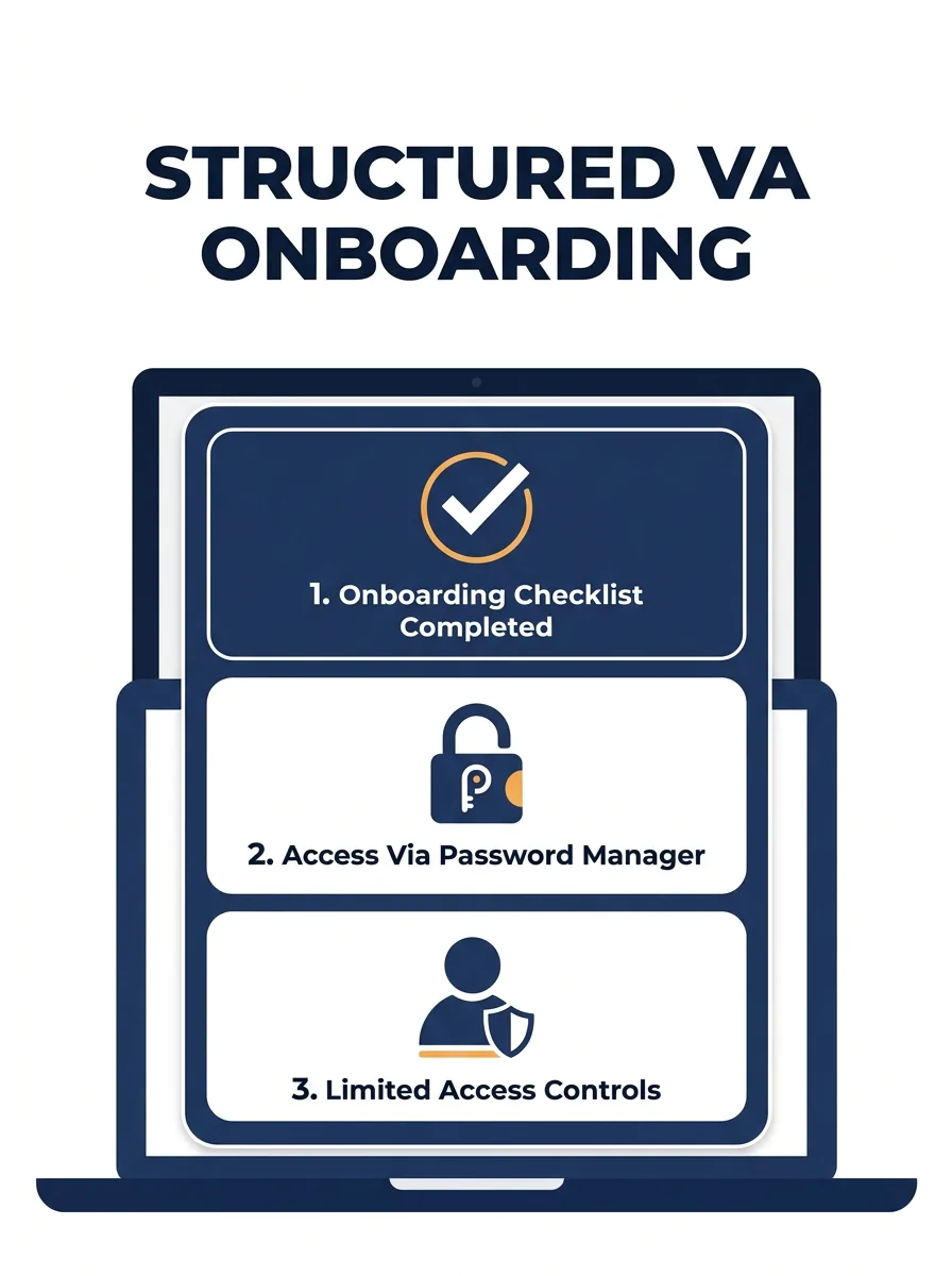 laptop screen showing checklist and password manager interface, representing structured VA onboarding with limited access controls