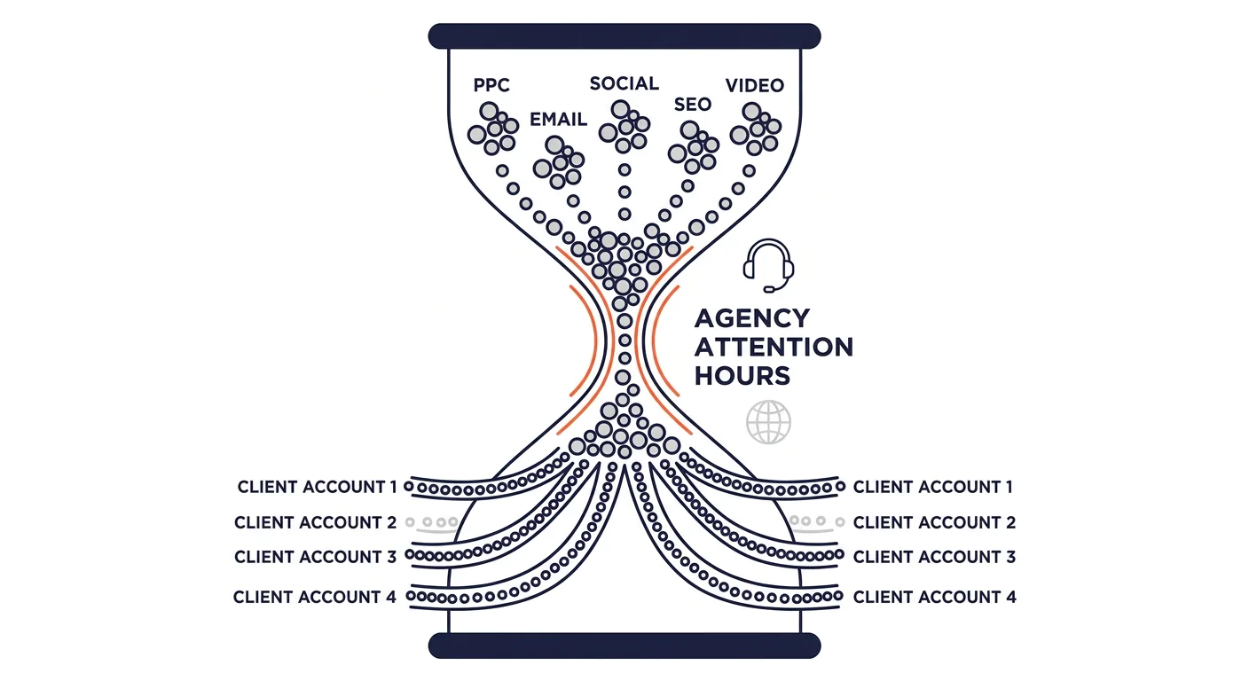 A visual metaphor showing an hourglass with sand grains labeled as different marketing channels (PPC, email, social, SEO, video) flowing through a narrow bottleneck labeled "agency attention hours," i