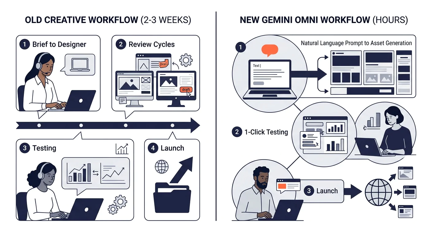 side-by-side comparison showing the old creative workflow (brief to designer to review to testing to launch over 2-3 weeks) versus the new Gemini Omni workflow (natural language prompt to asset genera