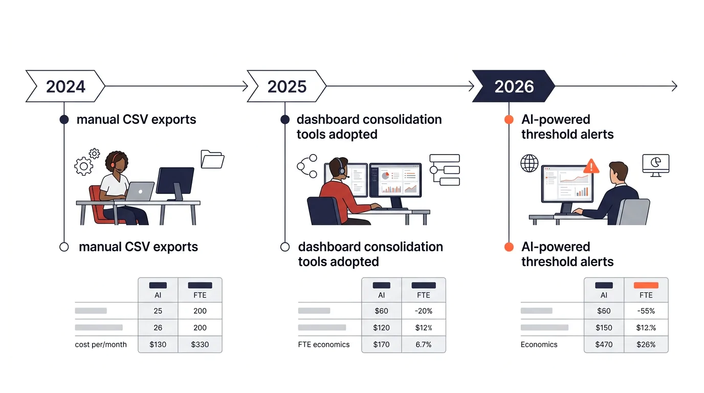an infographic showing a timeline from 2024 to 2026, with key milestones labeled: manual CSV exports in 2024, dashboard consolidation tools adopted in 2025, and AI-powered threshold alerts in 2026, wi