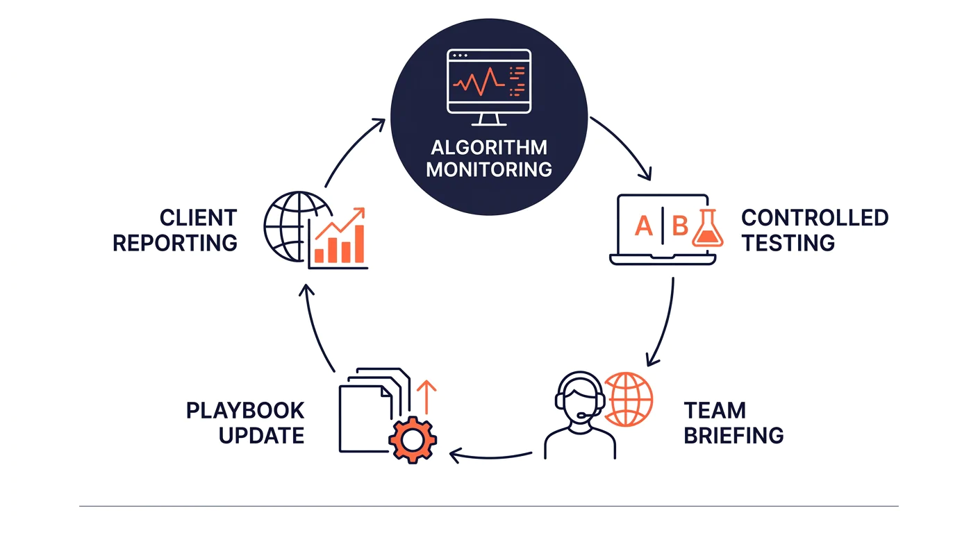 Diagram showing a continuous learning cycle for an outsourced marketing team with five stages in a circle: algorithm monitoring, controlled testing, team briefing, playbook update, and client reportin