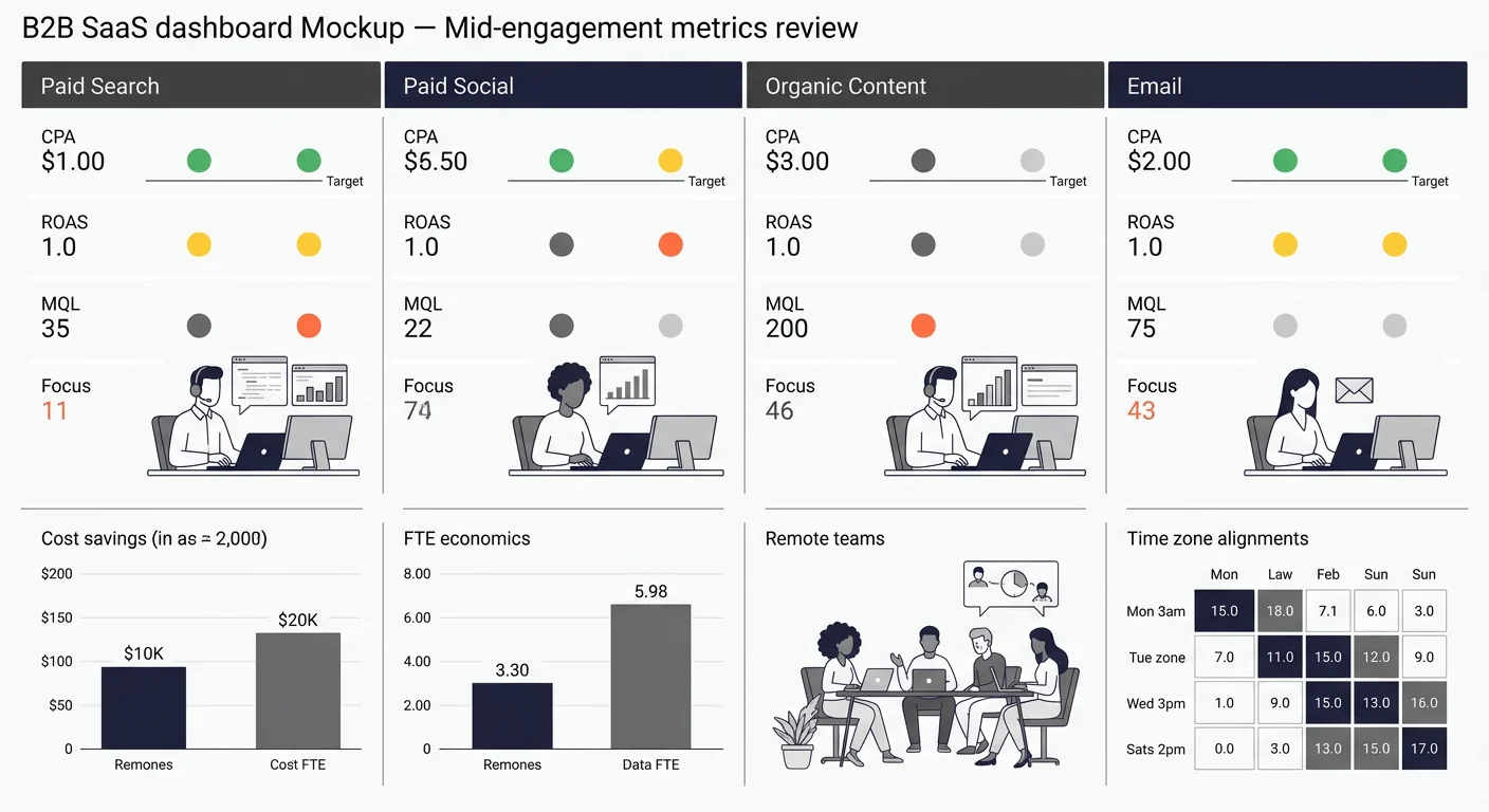 Dashboard mockup showing mid-engagement metrics review with four channel columns—Paid Search, Paid Social, Organic Content, Email—each displaying CPA, ROAS, and MQL counts against target thresholds wi