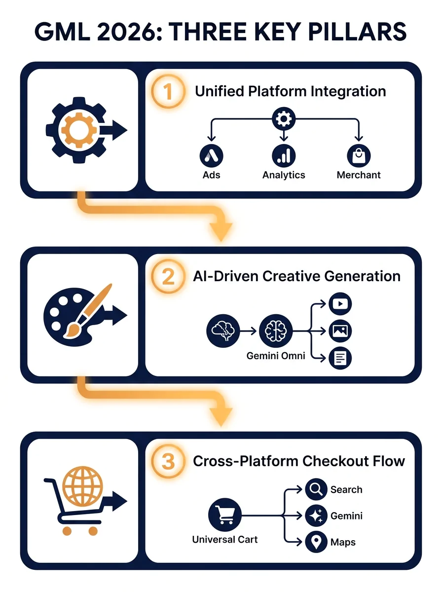 infographic showing three pillars of GML 2026 changes - Ask Advisor connecting Ads/Analytics/Merchant Center, Asset Studio with Gemini Omni for creative generation, and Universal Cart across Search/Ge