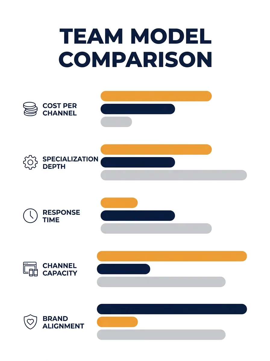 Infographic comparing three team models—in-house generalist, US agency retainer, and dedicated Philippine team—across five metrics: cost per channel, specialization depth, response time, channel capac
