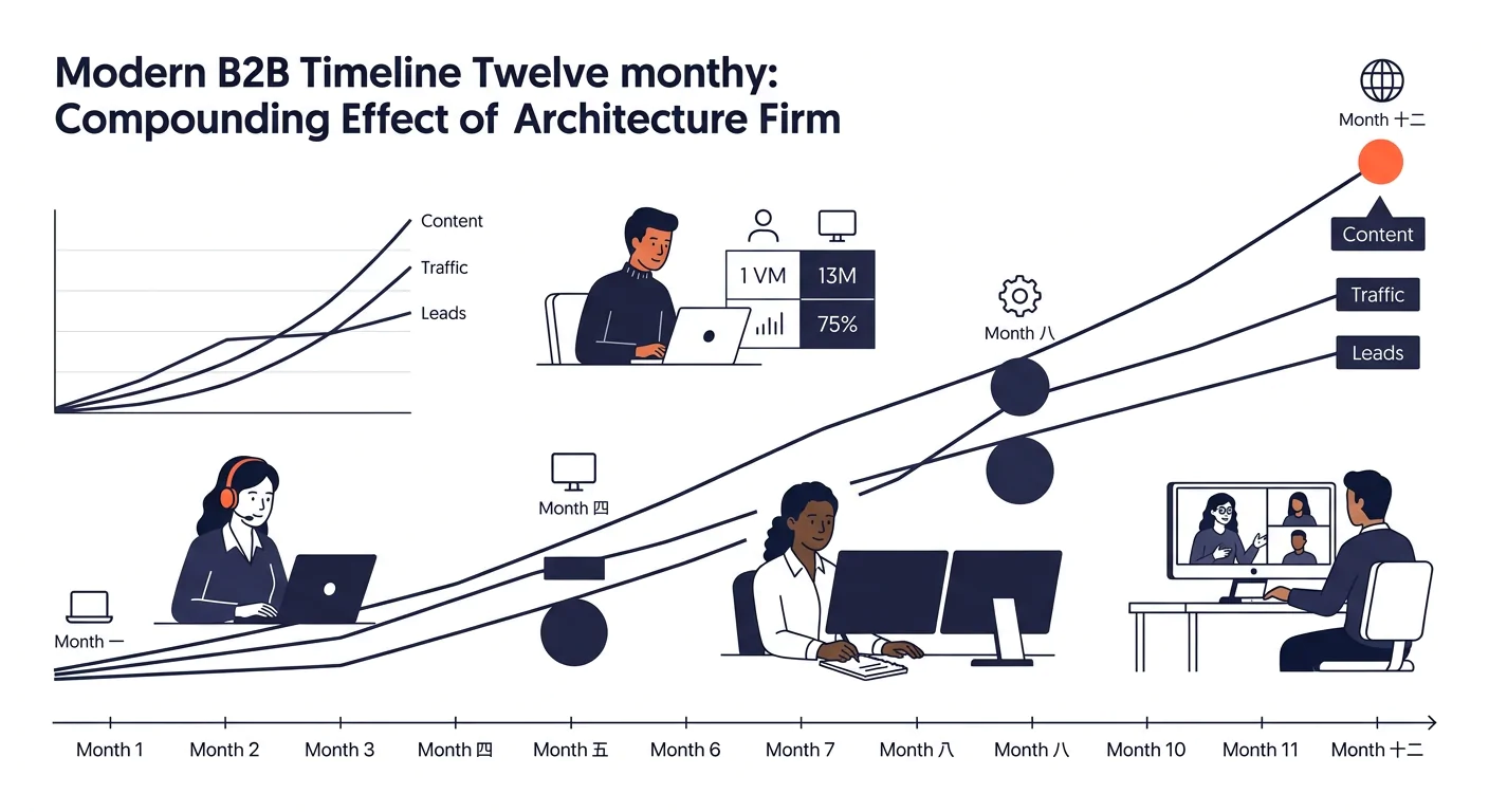 A timeline graphic showing how digital marketing efforts compound over 12 months for an architecture firm, with search traffic, content volume, and lead inquiries growing on parallel upward curves