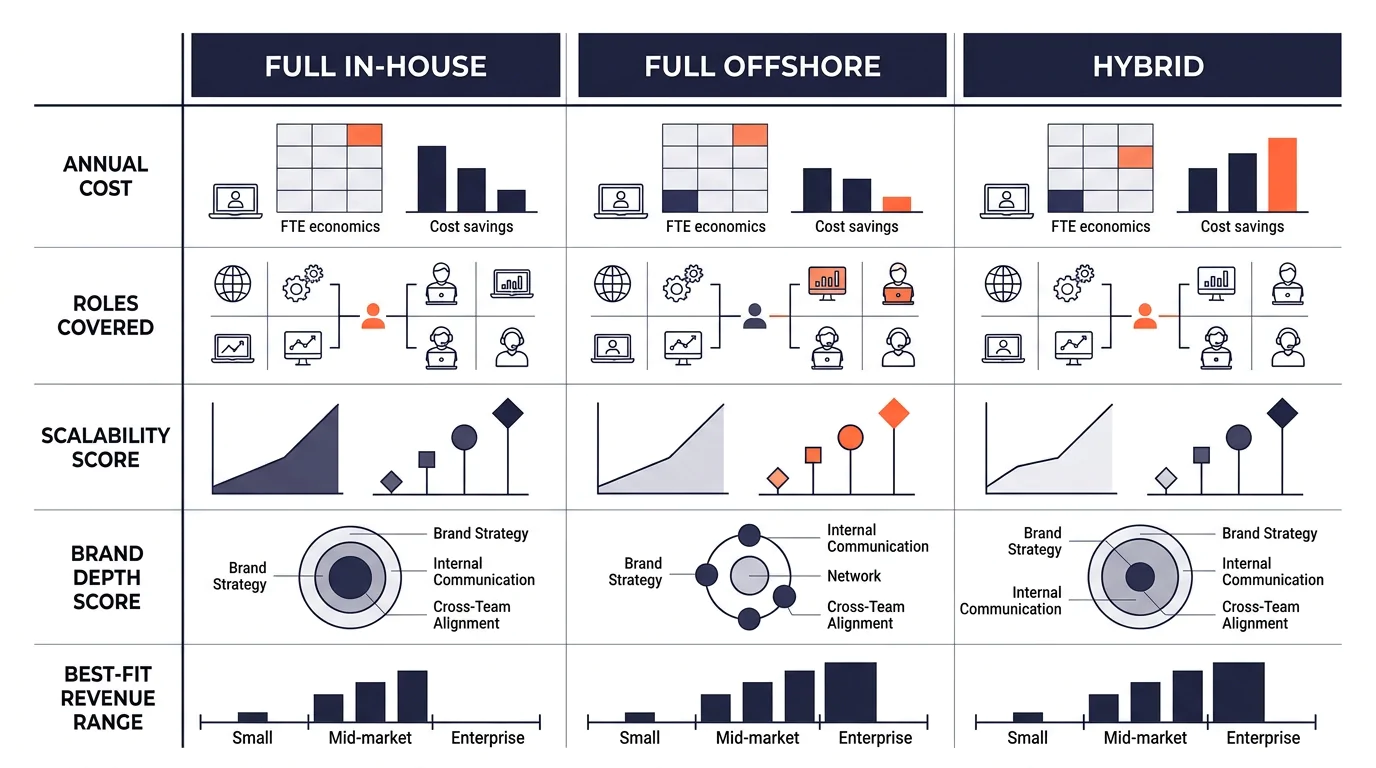 infographic comparing three marketing team models in three columns - full in-house, full offshore, and hybrid - with rows for annual cost, roles covered, scalability score, brand depth score, and best