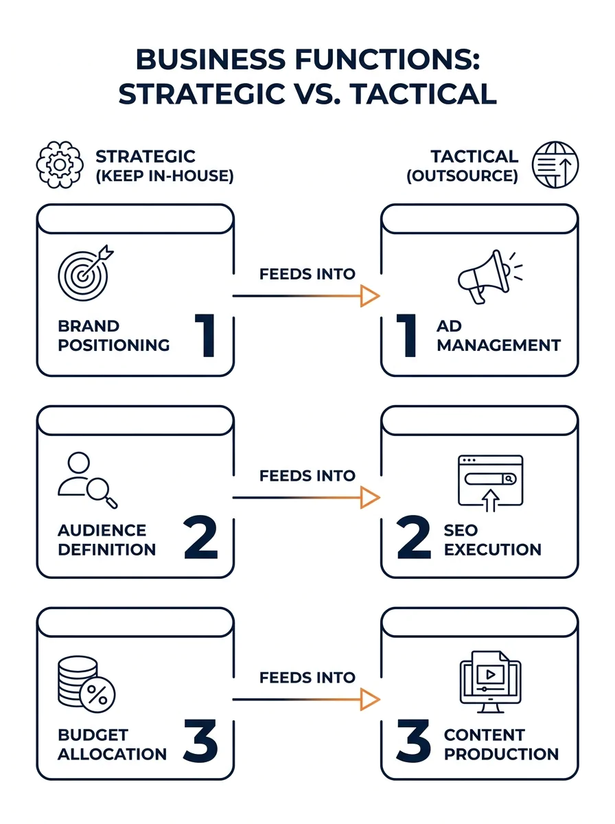 A two-column framework diagram showing "Strategic (Keep In-House)" items like brand positioning, audience definition, and budget allocation on the left, and "Tactical (Outsource)" items like ad manage