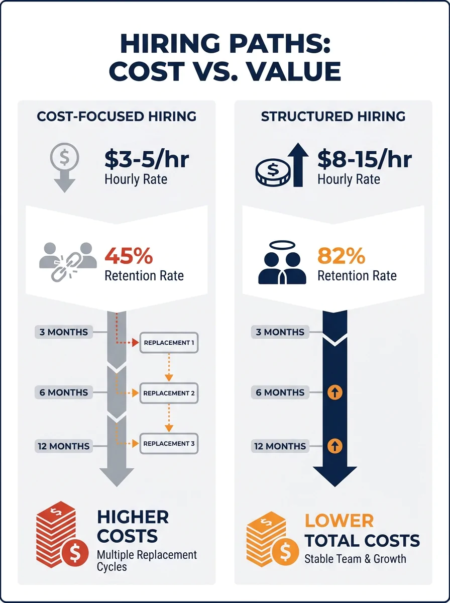 Infographic comparing two hiring paths side by side - left showing "cost-focused hiring" with $3-5/hr rate, 45% retention, multiple replacement cycles adding up costs; right showing "structured hiring