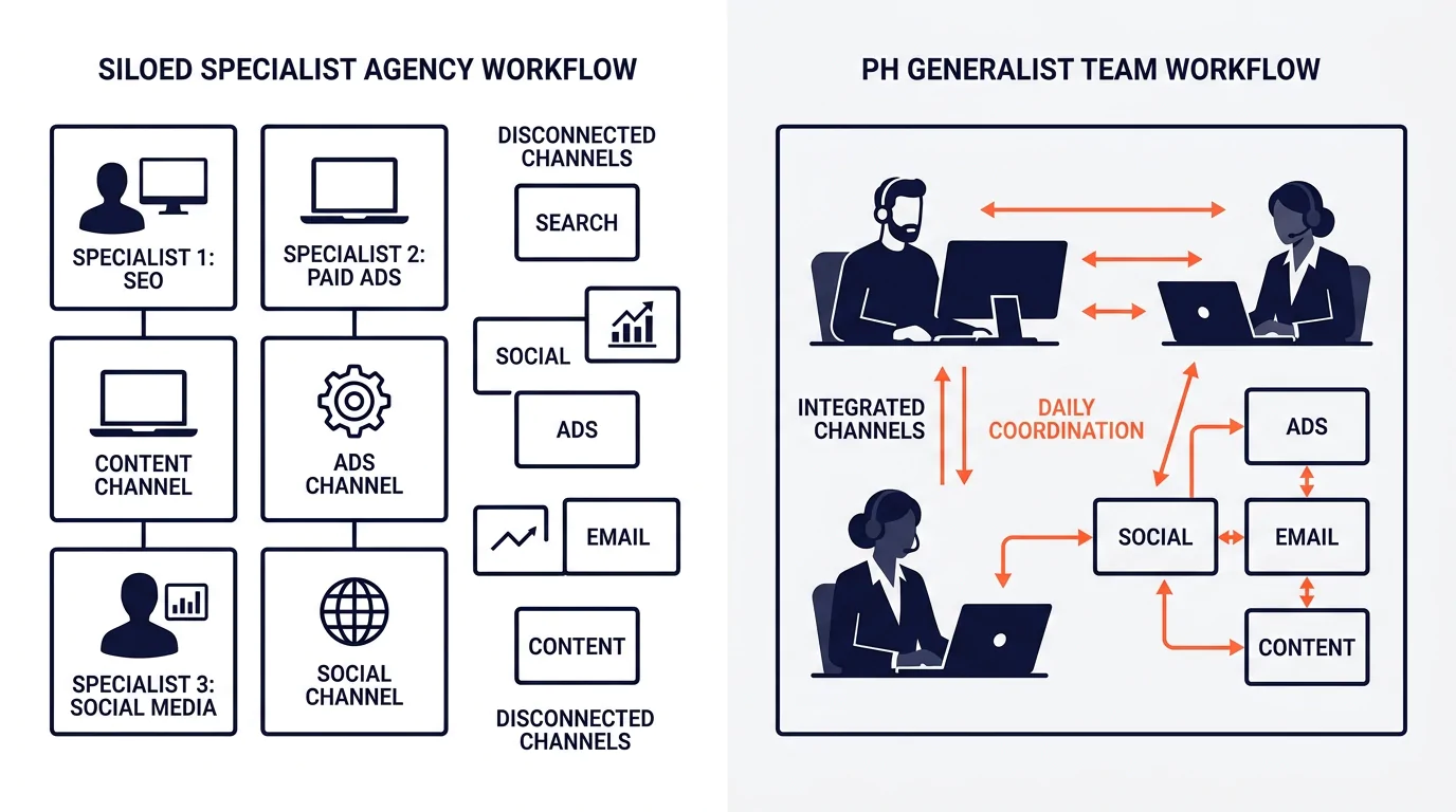 side-by-side comparison showing a siloed specialist agency workflow with disconnected channel boxes versus a Philippine generalist team workflow with integrated channels and daily coordination arrows