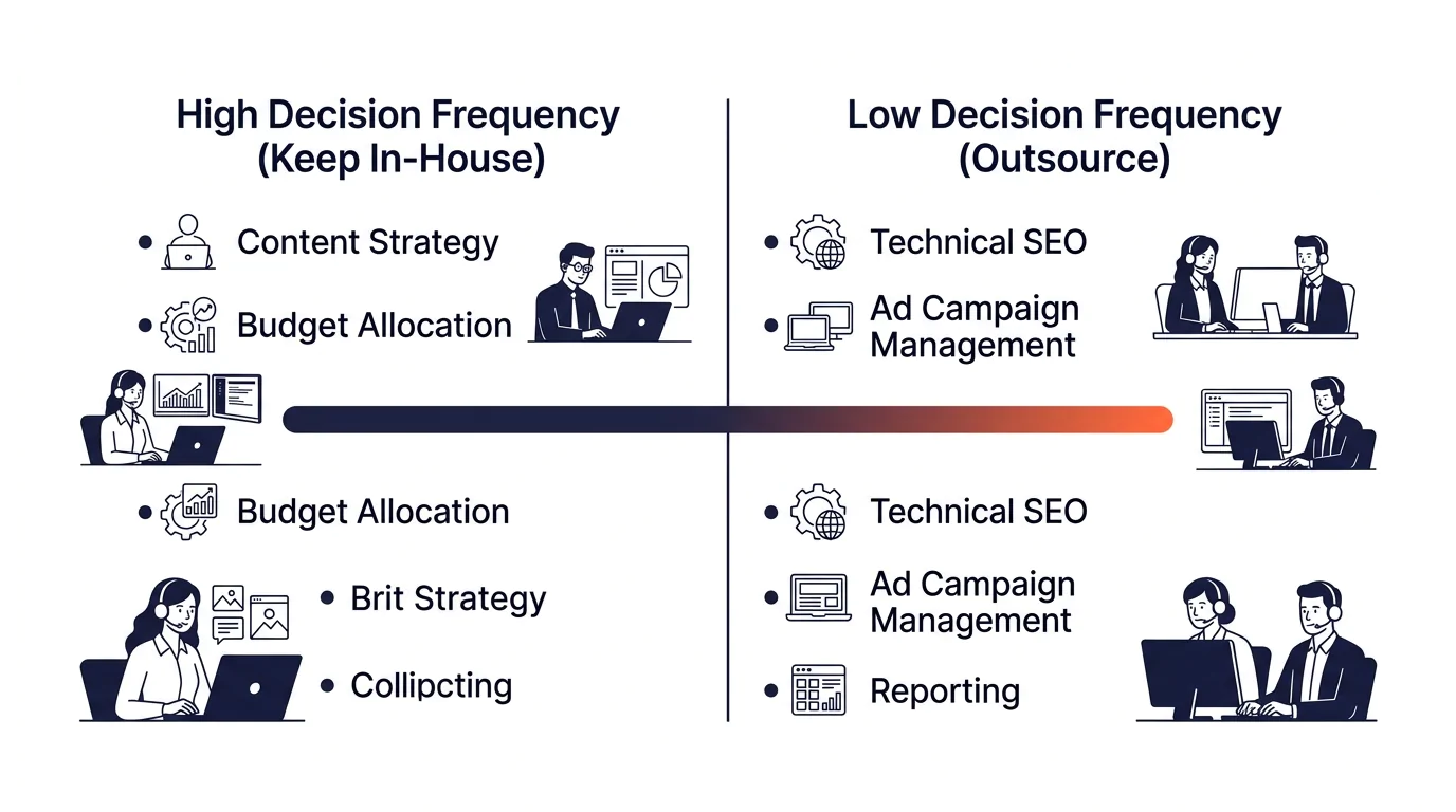 A horizontal spectrum chart with "High Decision Frequency (Keep In-House)" on the left showing items like content strategy and budget allocation, transitioning to "Low Decision Frequency (Outsource)"