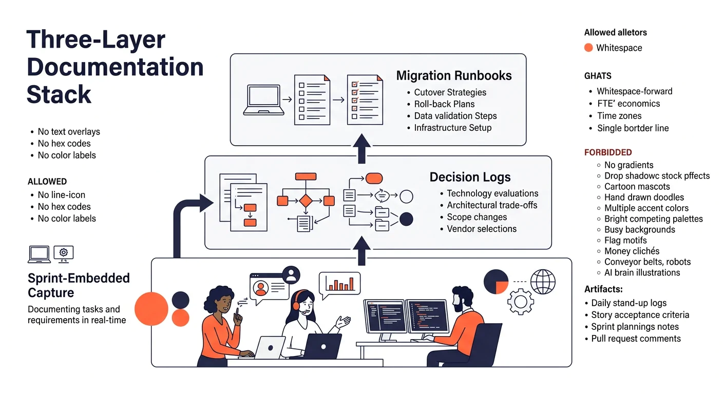 An infographic depicting the Three-Layer Documentation Stack framework with three horizontal tiers—Sprint-Embedded Capture at the base, Decision Logs in the middle, and Migration Runbooks at the top—e