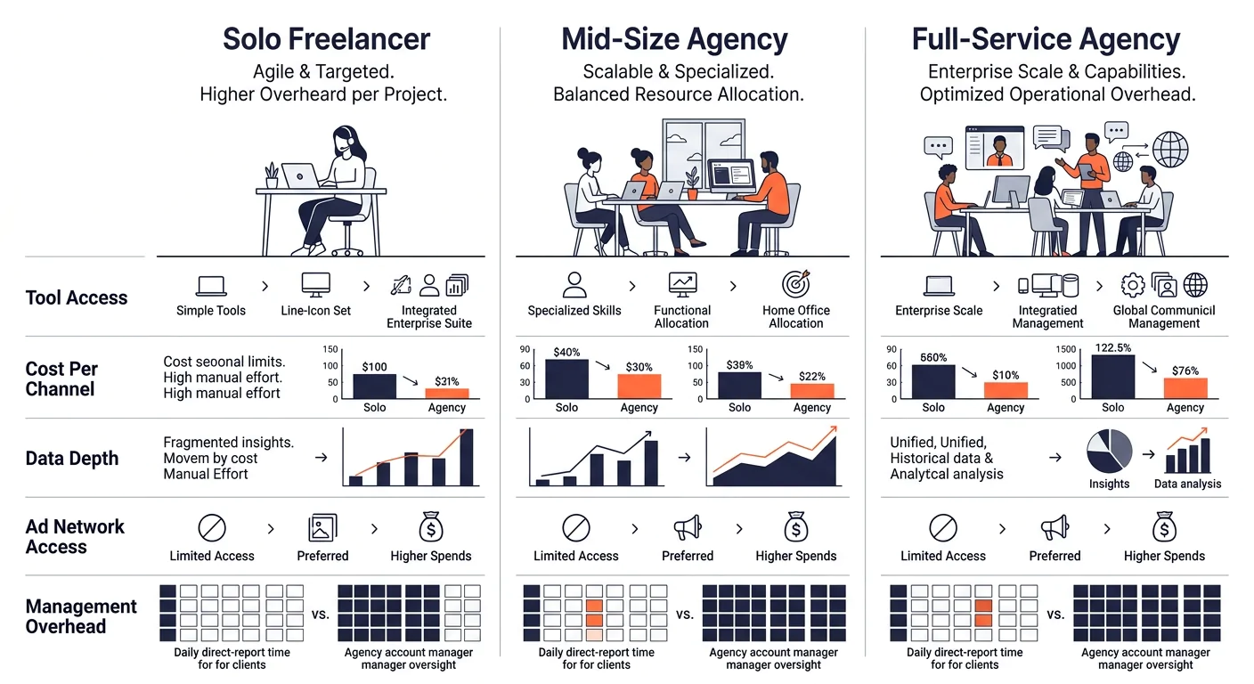 an infographic showing three tiers (solo freelancer, mid-size agency, full-service agency) compared across five dimensions: tool access, cost per channel, data depth, ad network access, and management