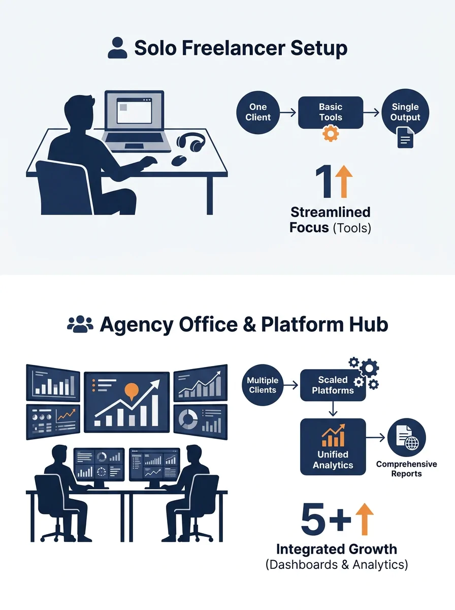 a comparison showing a solo freelancer workspace with a few basic tools versus an agency office with a wall of marketing platform dashboards and analytics screens